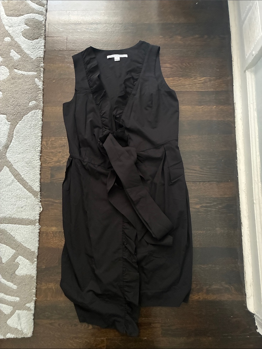 DVF Sleeveless Black Wrap Dress with Ruffle Trim